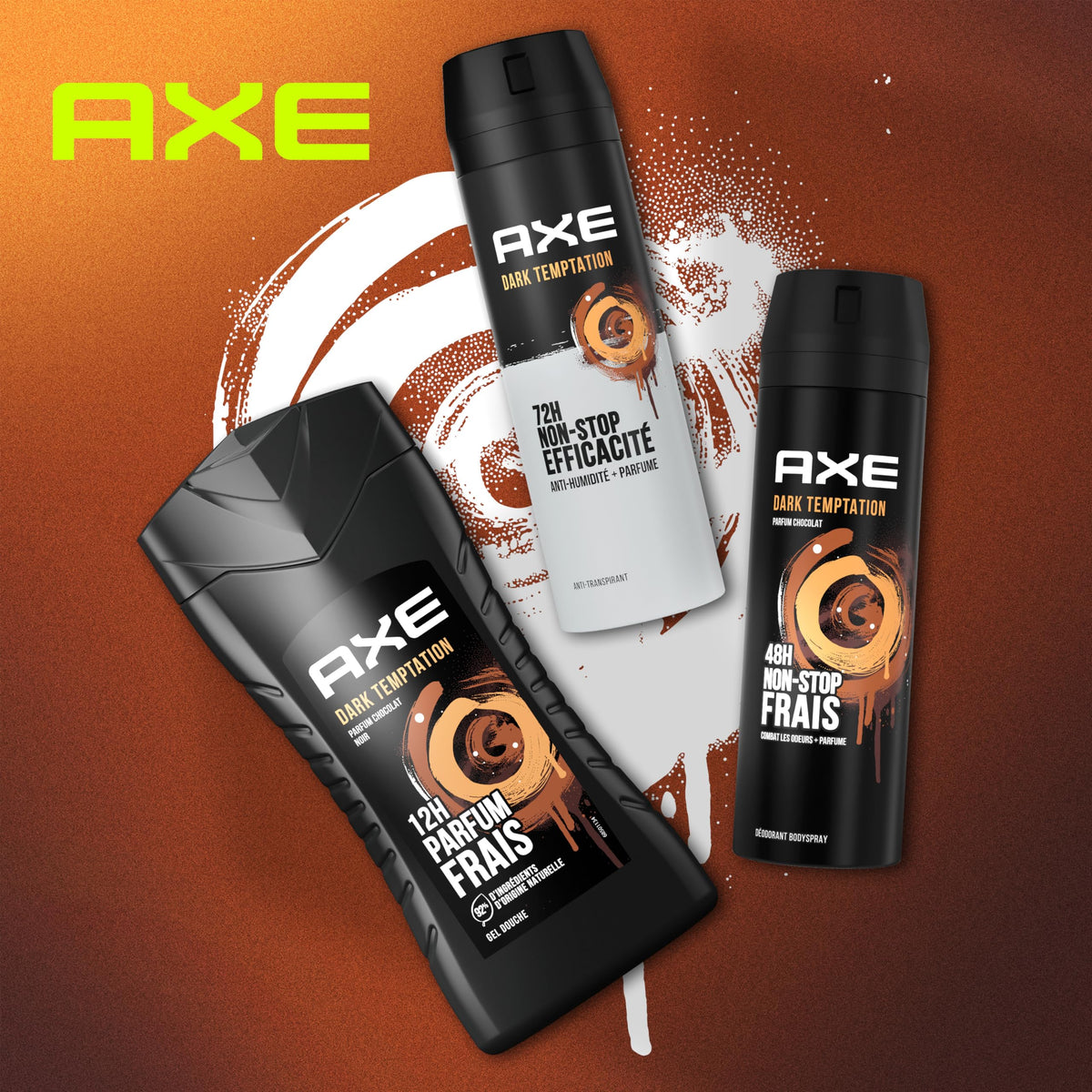 AXE Dark Temptation bathroom scene illustrating a confident grooming routine.
