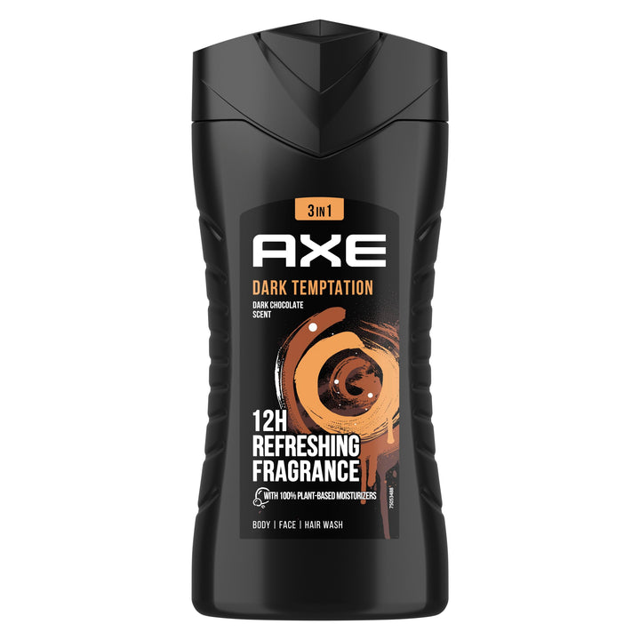 AXE Dark Temptation bottle front view highlighting its seductive fragrance for daily showers.