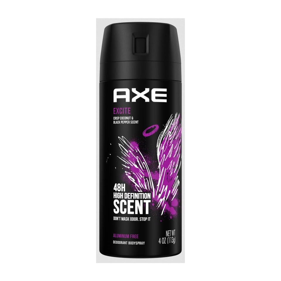 AXE Excite body spray bottle front view showing 4 oz size for daily fragrance