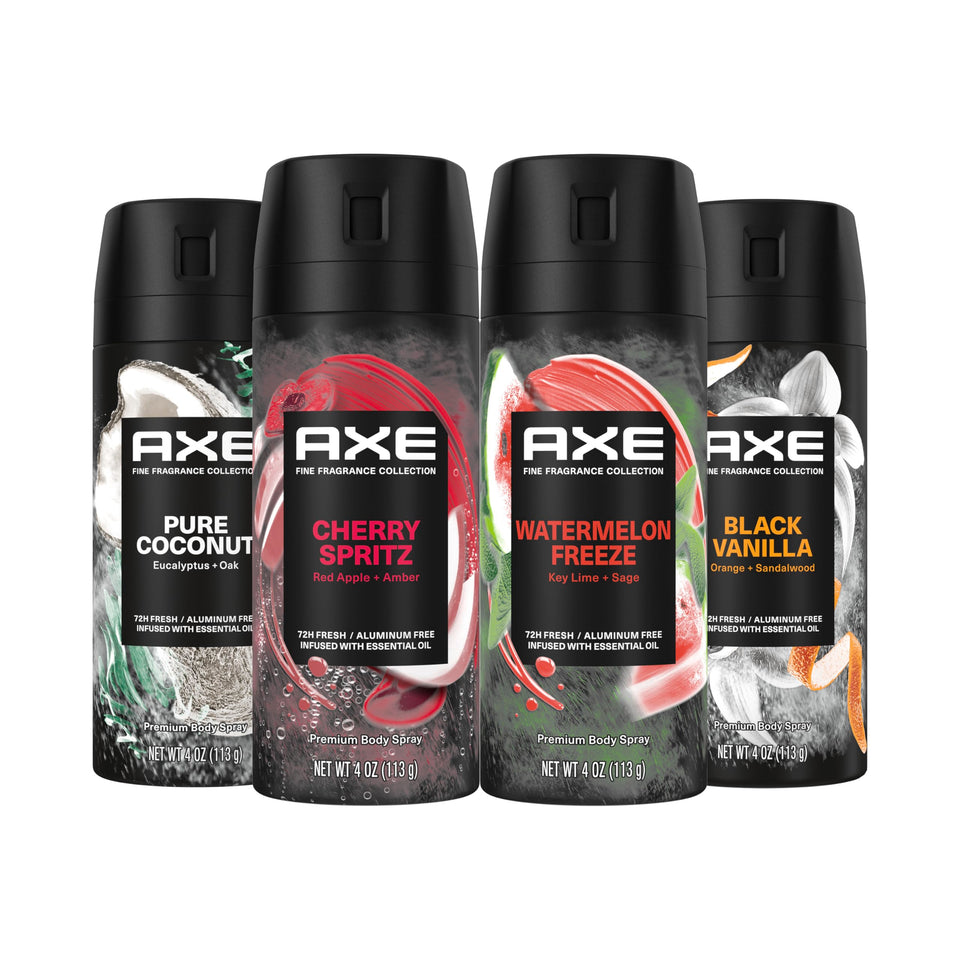 AXE Fine Fragrance Touch of Sweetness pack front view showing four scents for versatile daily wear