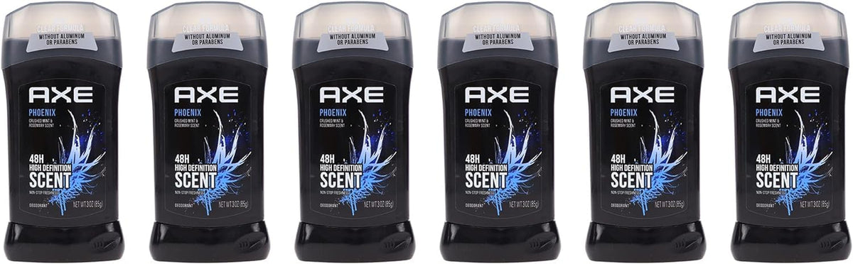 Axe Phoenix deodorant stick 3oz pack six front view highlighting value and design.