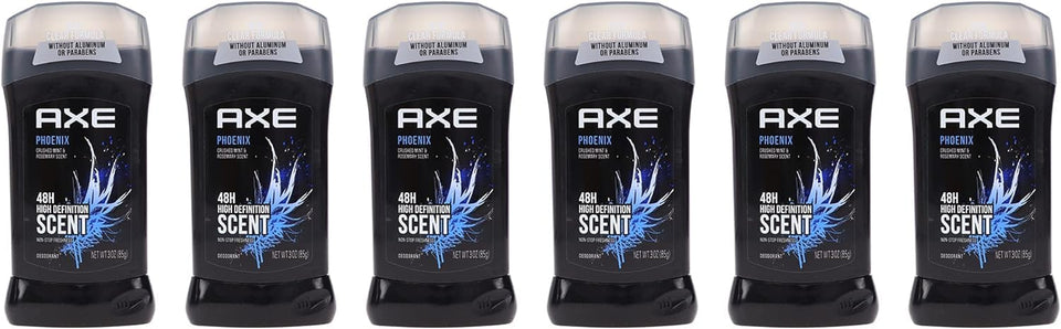 Axe Phoenix deodorant stick 3oz pack six front view highlighting value and design.