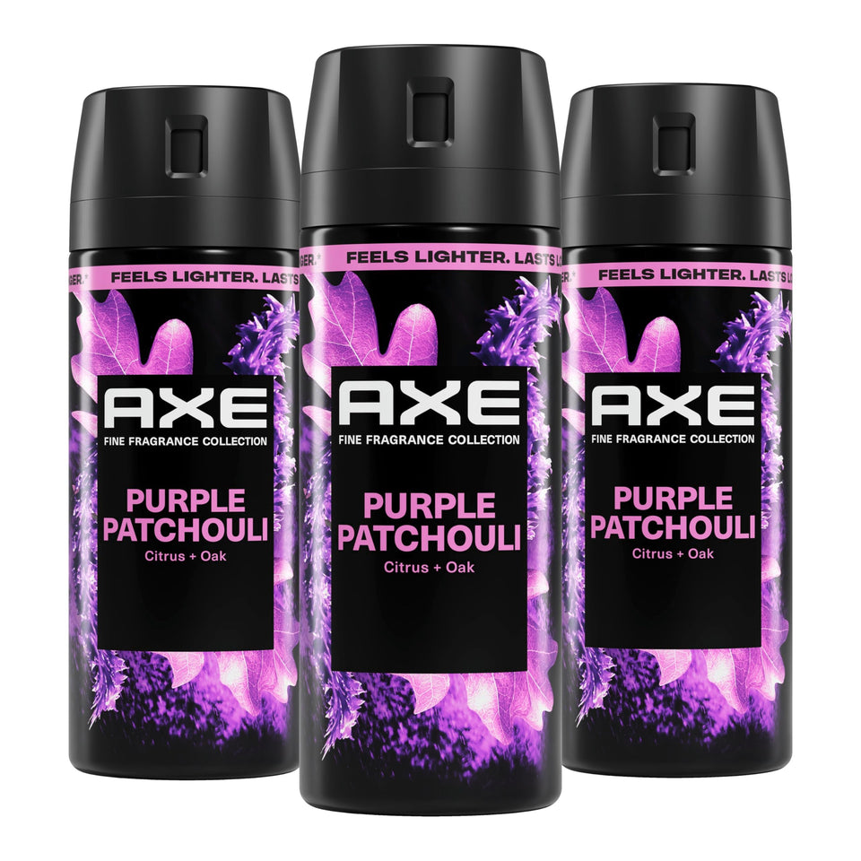 AXE Purple Patchouli bottle front view highlighting patchouli and oak notes for daily confidence.