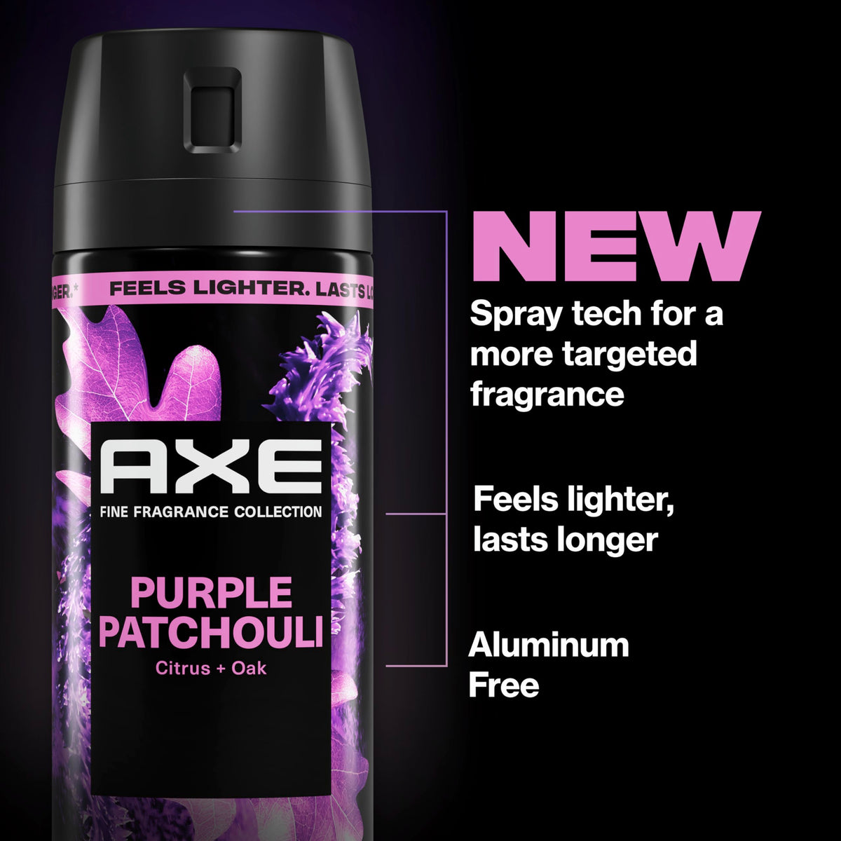 AXE Purple Patchouli spray in action shows targeted mist delivery for easier application.