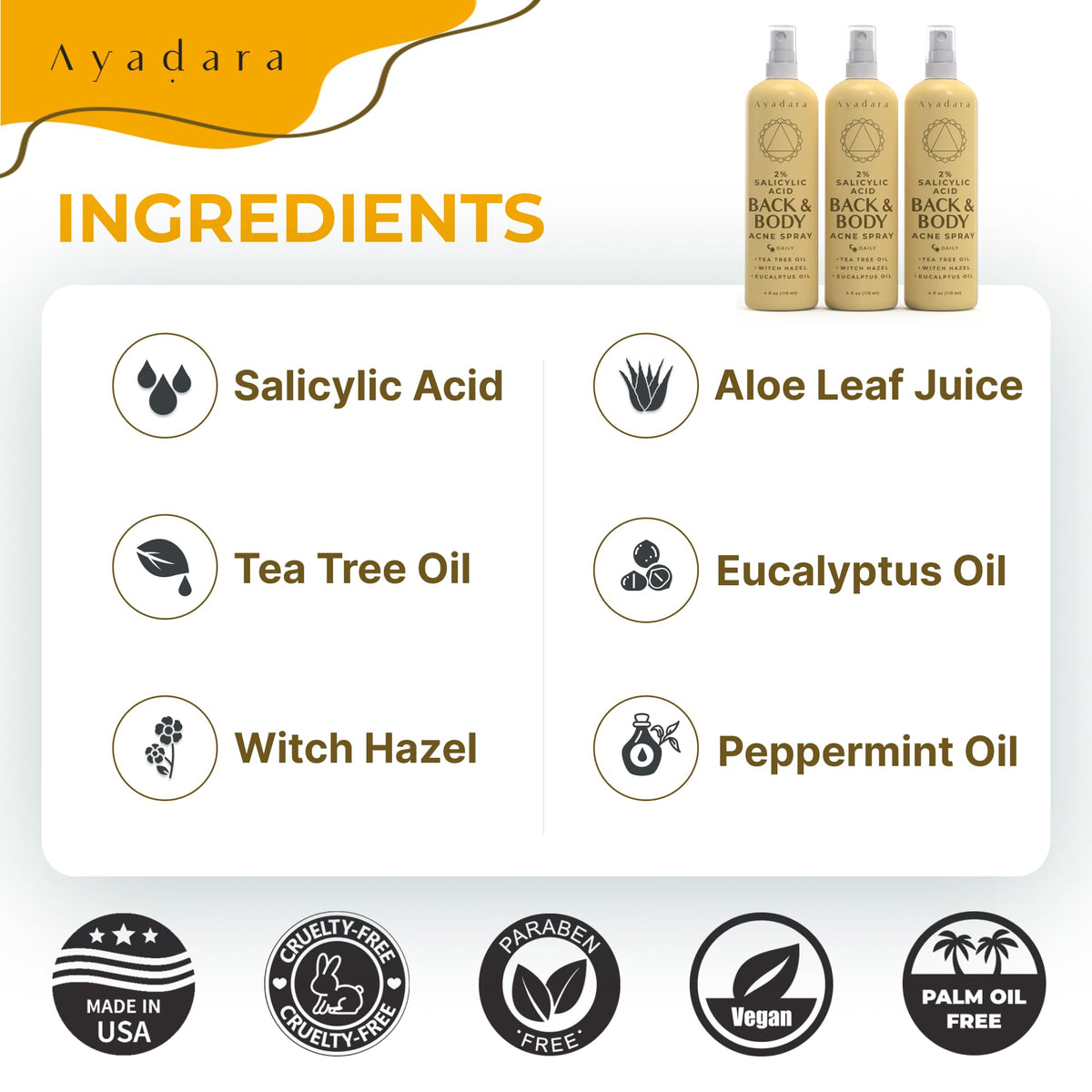 AYADARA Acne Body Spray Thighs 3-Pack helps manage thigh skin with quick-drying formula.