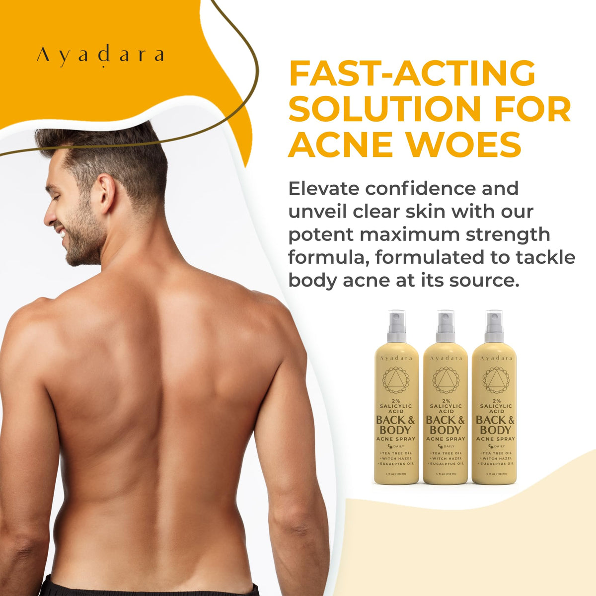 AYADARA Acne Body Spray Usage 3-Pack demonstrates easy application and fast drying benefits.