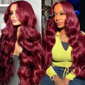 AYMMOLI 28-inch burgundy lace-front wig showing natural part on burgundy shade.