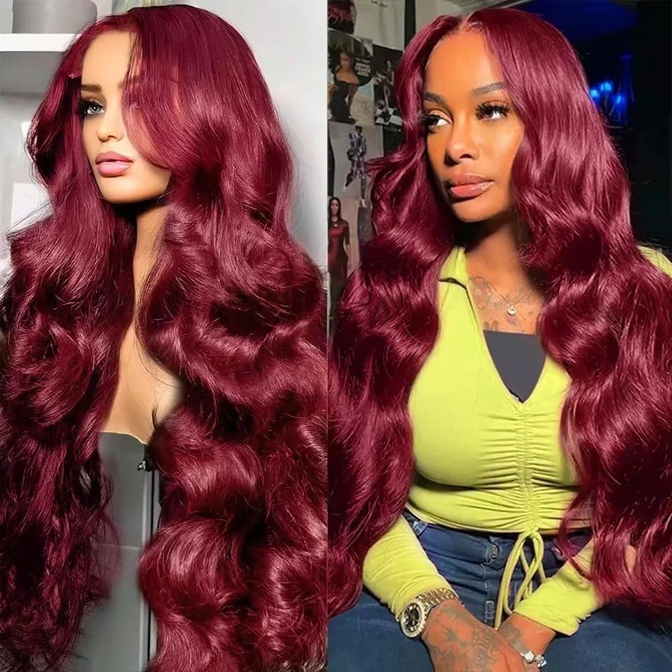 AYMMOLI 28-inch burgundy lace-front wig showing natural part on burgundy shade.