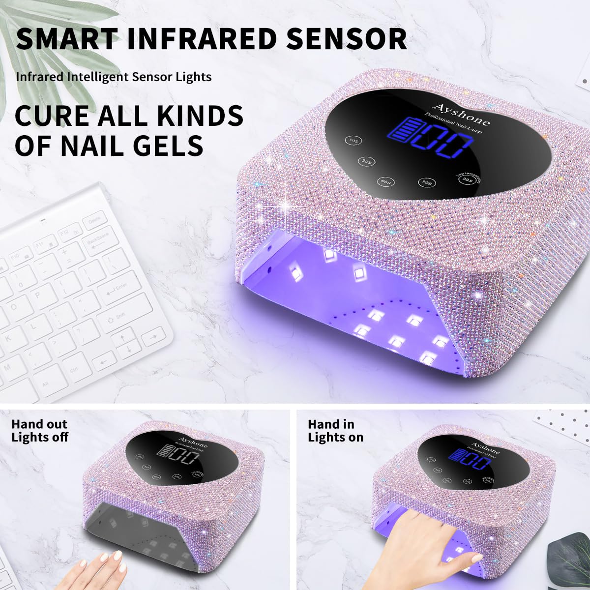 Ayshone cordless nail lamp open base shows easy cleanup and space.