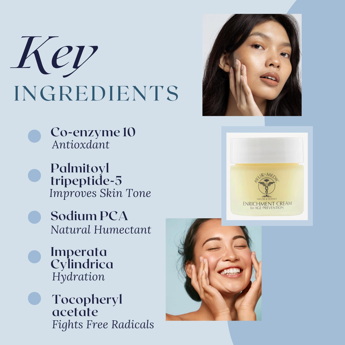 Ayur Medic Enrichment Cream on the face demonstrates gentle application.