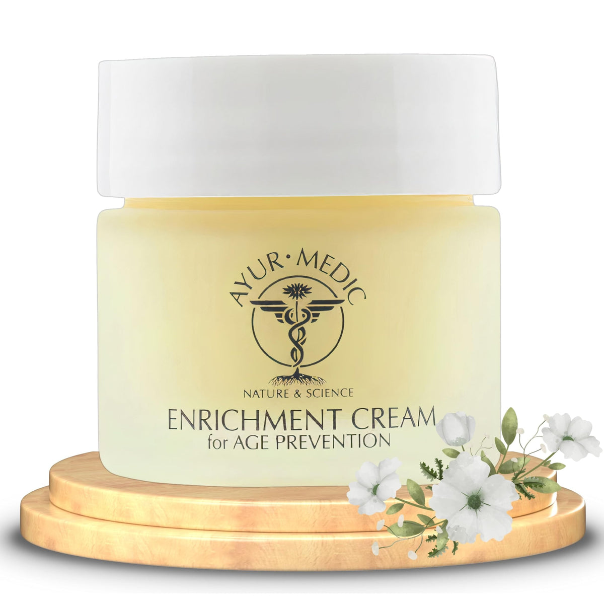 Ayur Medic Enrichment Cream jar close-up showing rich texture for deep hydration.