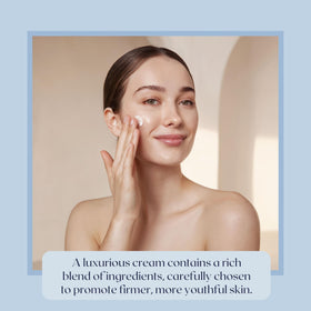 Ayur Medic Enrichment Cream texture swirl highlights moisture on mature skin.
