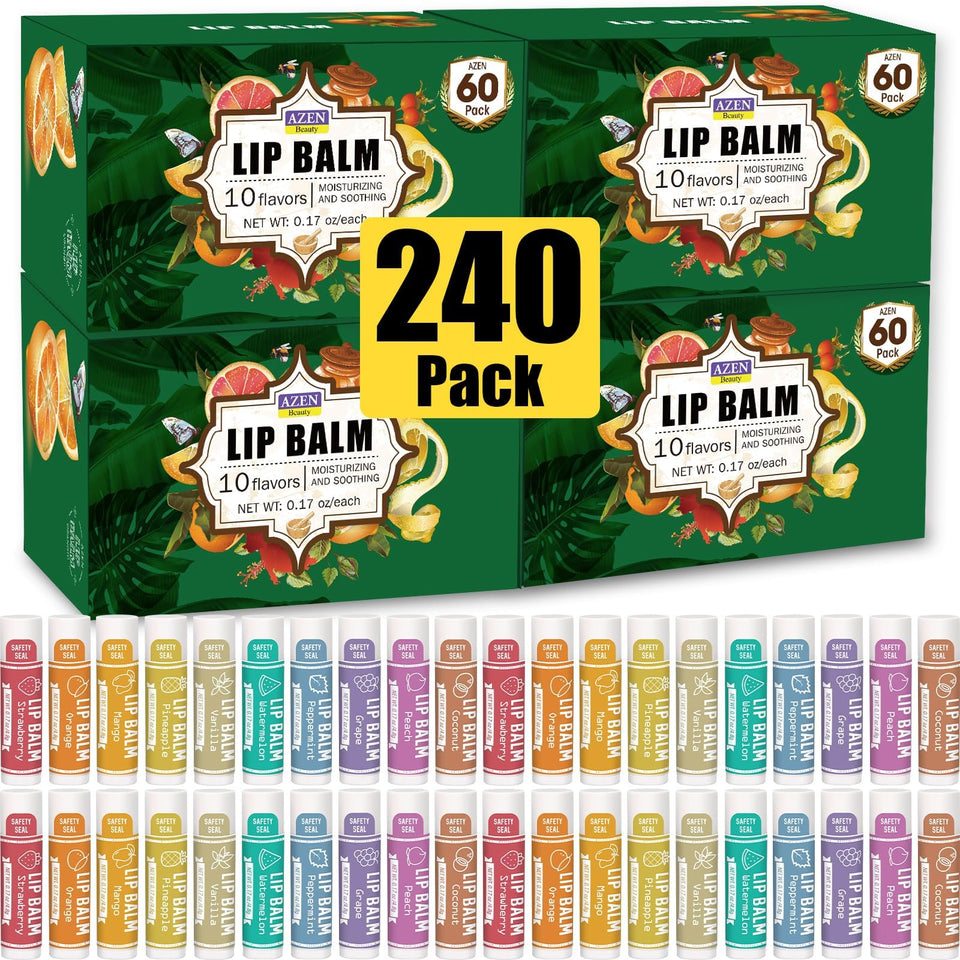 AZEN lip balm sticks in a multi-flavor display for all-day moisture