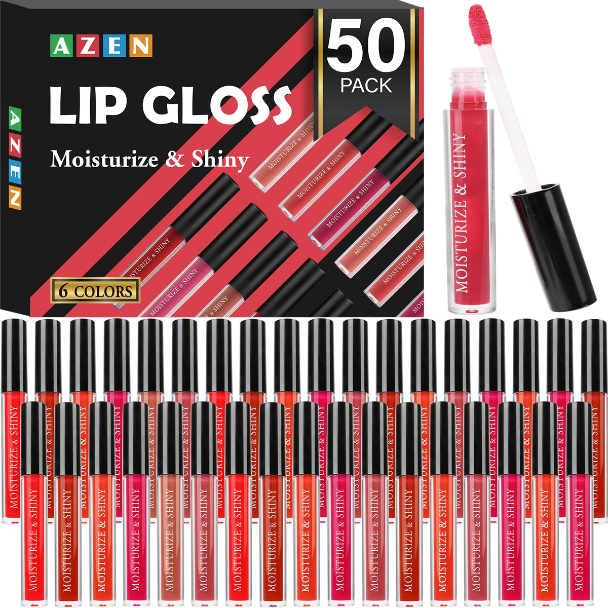 AZEN 50-pack lip gloss color swatches for varied shades
