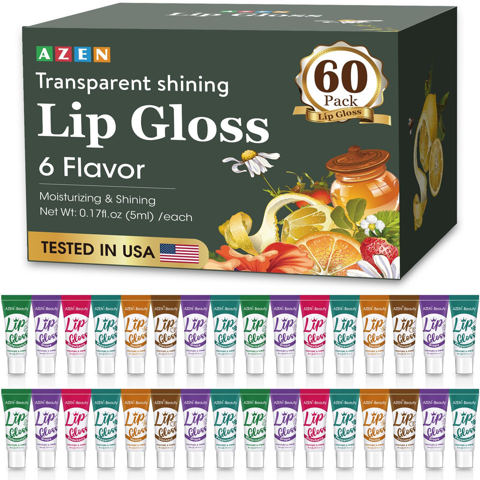 AZEN 60-pack lip gloss set clear bottle shows high shine finish for daily lips