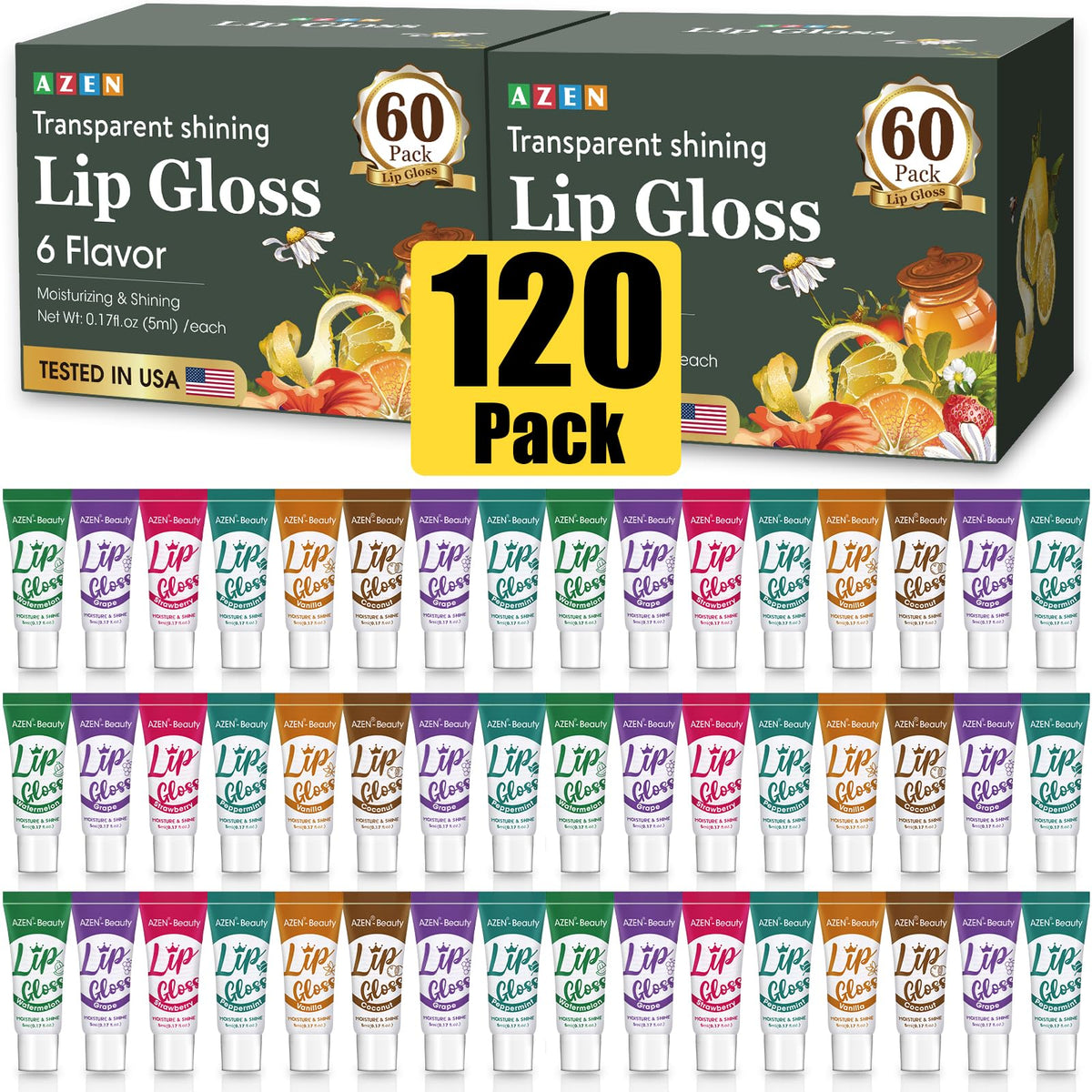AZEN lip gloss set packaging showcasing six flavors for gifting and daily use.