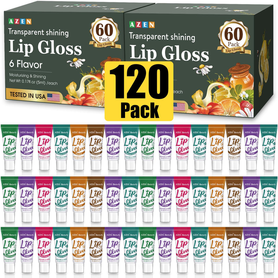 AZEN lip gloss set packaging showcasing six flavors for gifting and daily use.