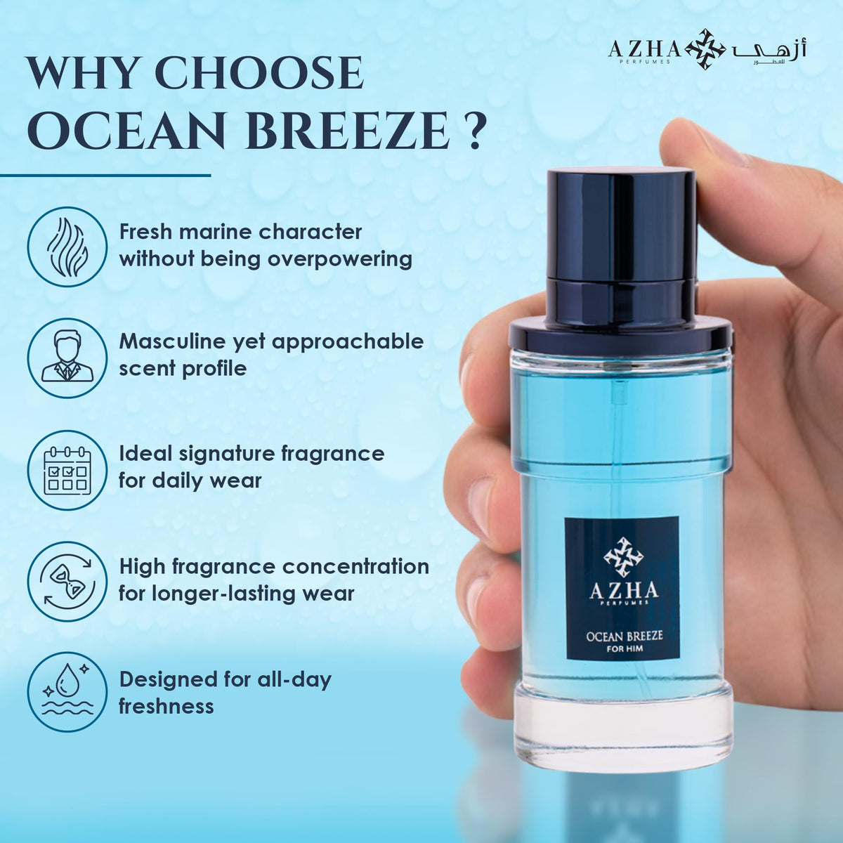 Azha Ocean Breeze cedarwood-musk accord visual, hints long-lasting presence.