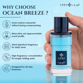 Azha Ocean Breeze cedarwood-musk accord visual, hints long-lasting presence.