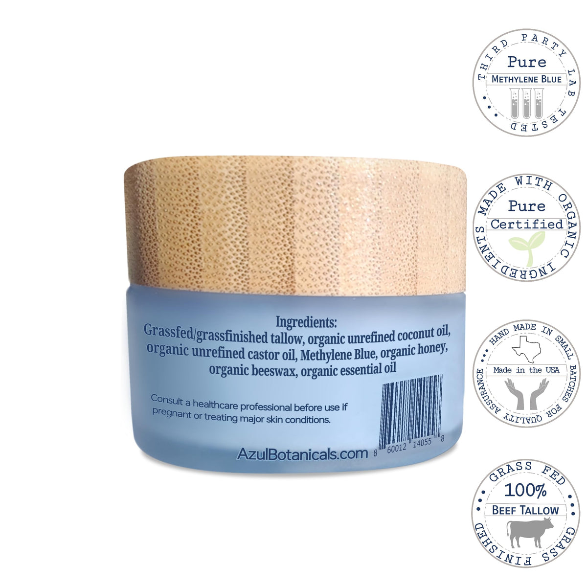 AzulBotanicals Grass-fed beef tallow bottle label highlights organic sourcing.