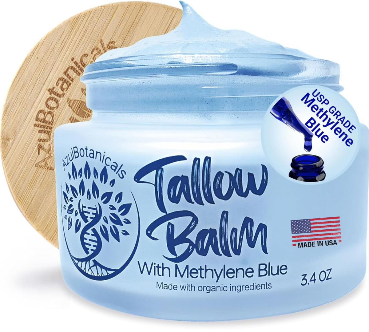 AzulBotanicals Methylene Blue Infused Balm jar closeup for hydrating, fragrance-free skin.