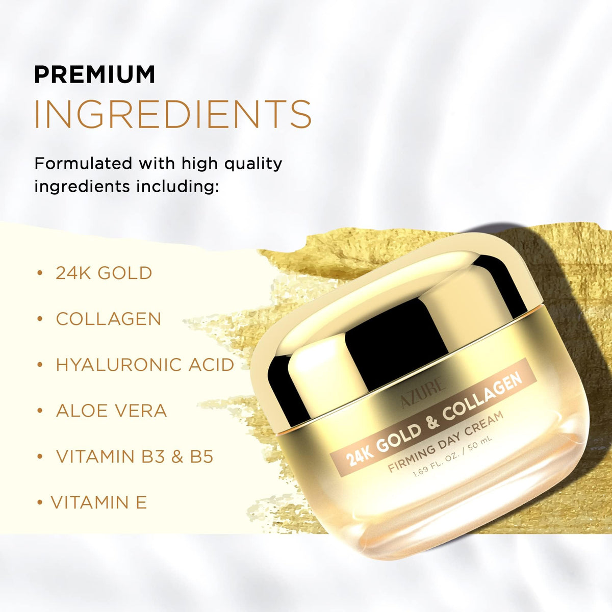 Azure Cosmetics 24K Gold & Collagen moisturizer jar close-up showing hydration