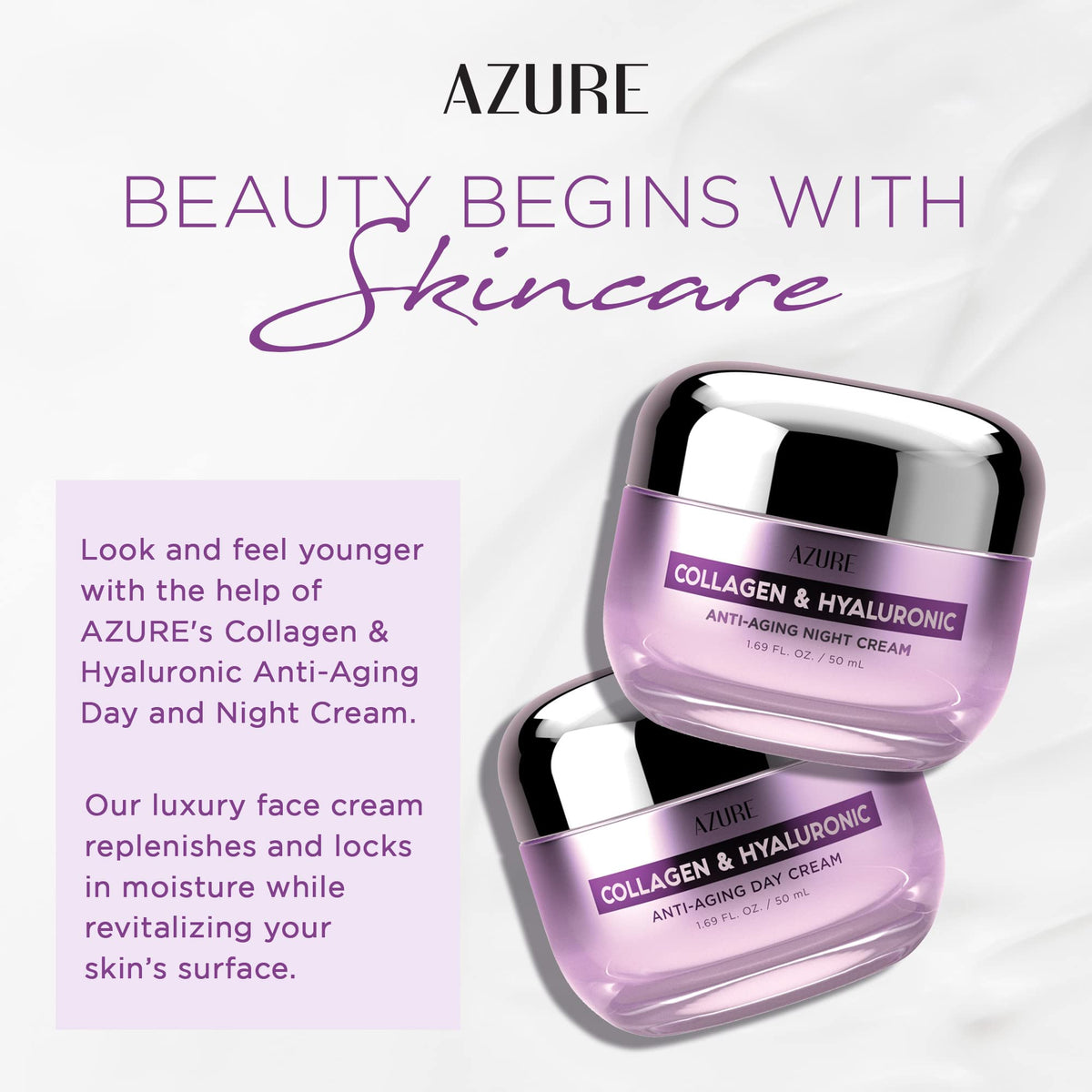 Azure Cosmetics collagen and hyaluronic acid texture close-up shows silky, plump feel