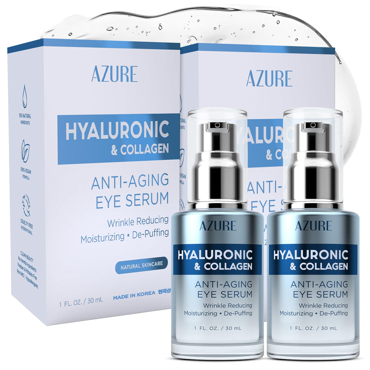 Azure Cosmetics Hyaluronic & Collagen Eye Serum bottle close-up for deep hydration.