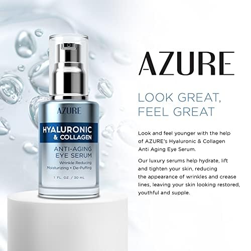 Azure Cosmetics ingredients label highlights hyaluronic acid and collagen peptides.