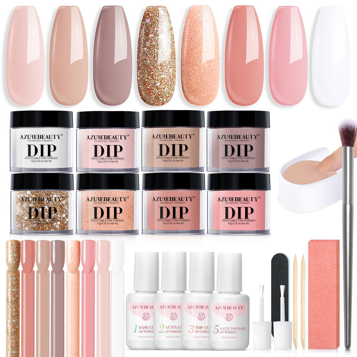 AZUREBEAUTY 30Pcs dip powder kit front view for home-use manicure.