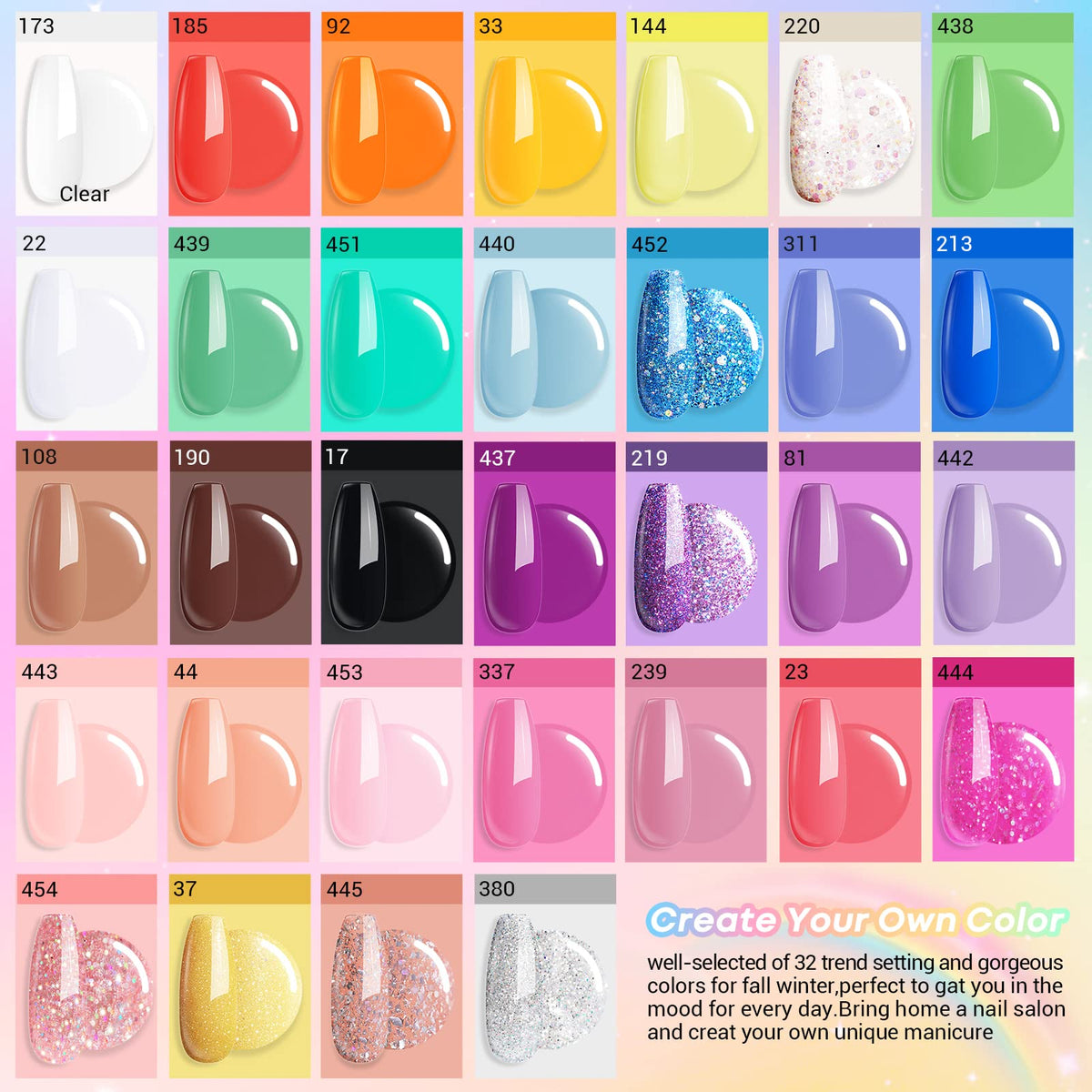 AZUREBEAUTY 32-color dip powders board shows vibrant, mixable shades