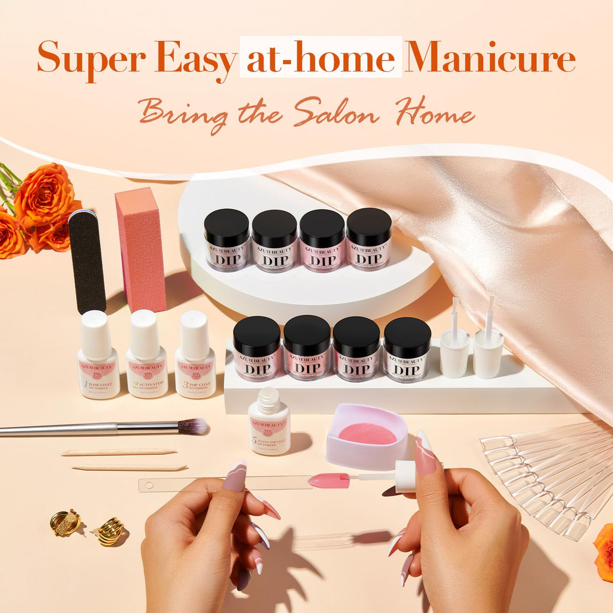 AZUREBEAUTY 8 color dip powders swatch set shows long lasting shine.
