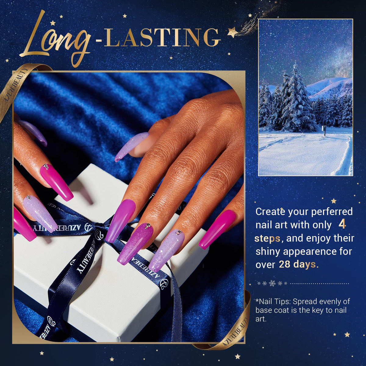 AzureBeauty base/top/activator bottles arranged for fast, durable manicures.