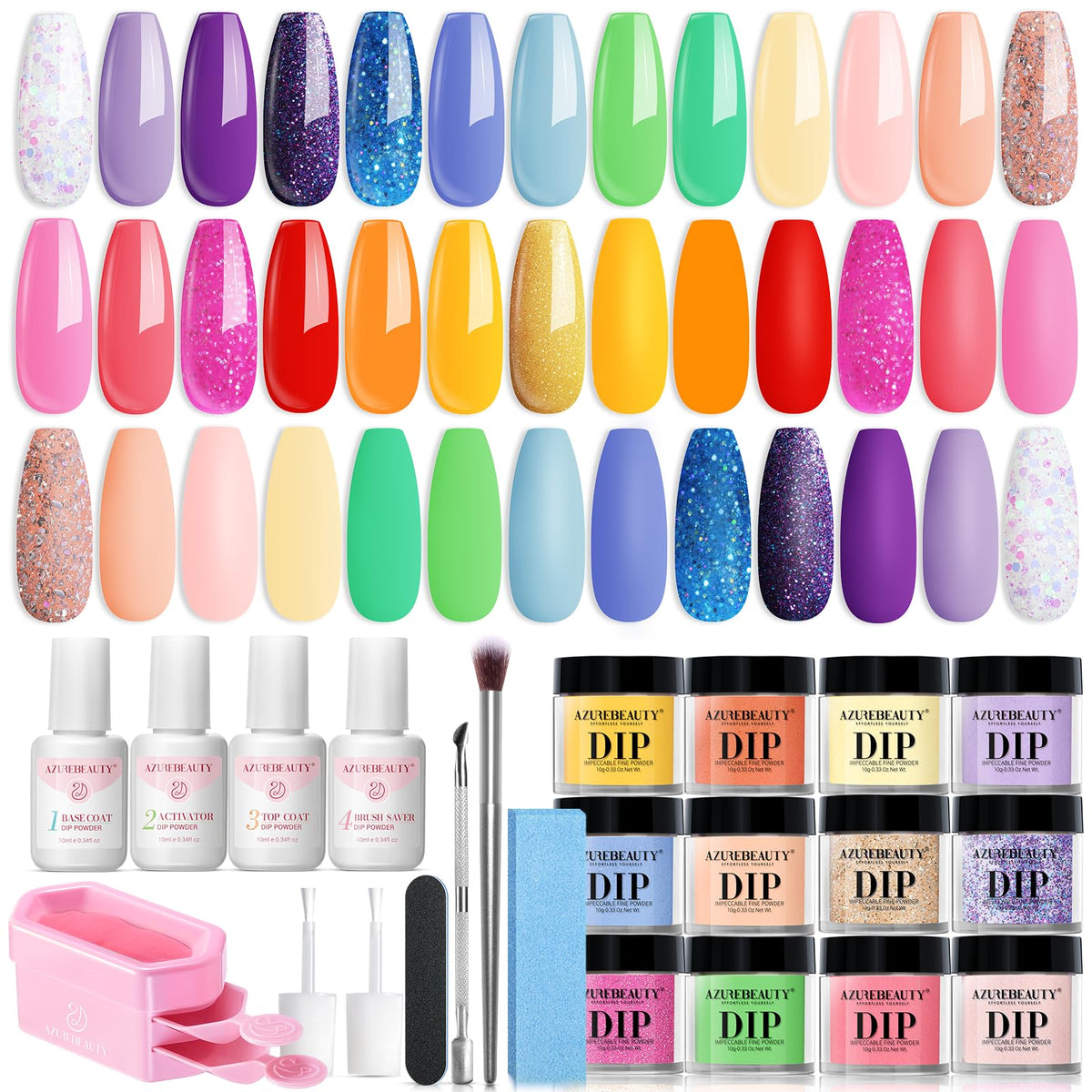 AzureBeauty dip powder kit showing 20 neon colors for vibrant nails