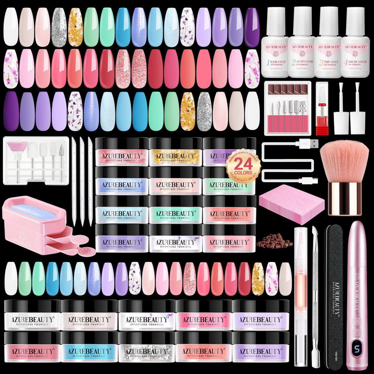 AZUREBEAUTY Dip Powder Kit 24 Colors for versatile at‑home manicures.