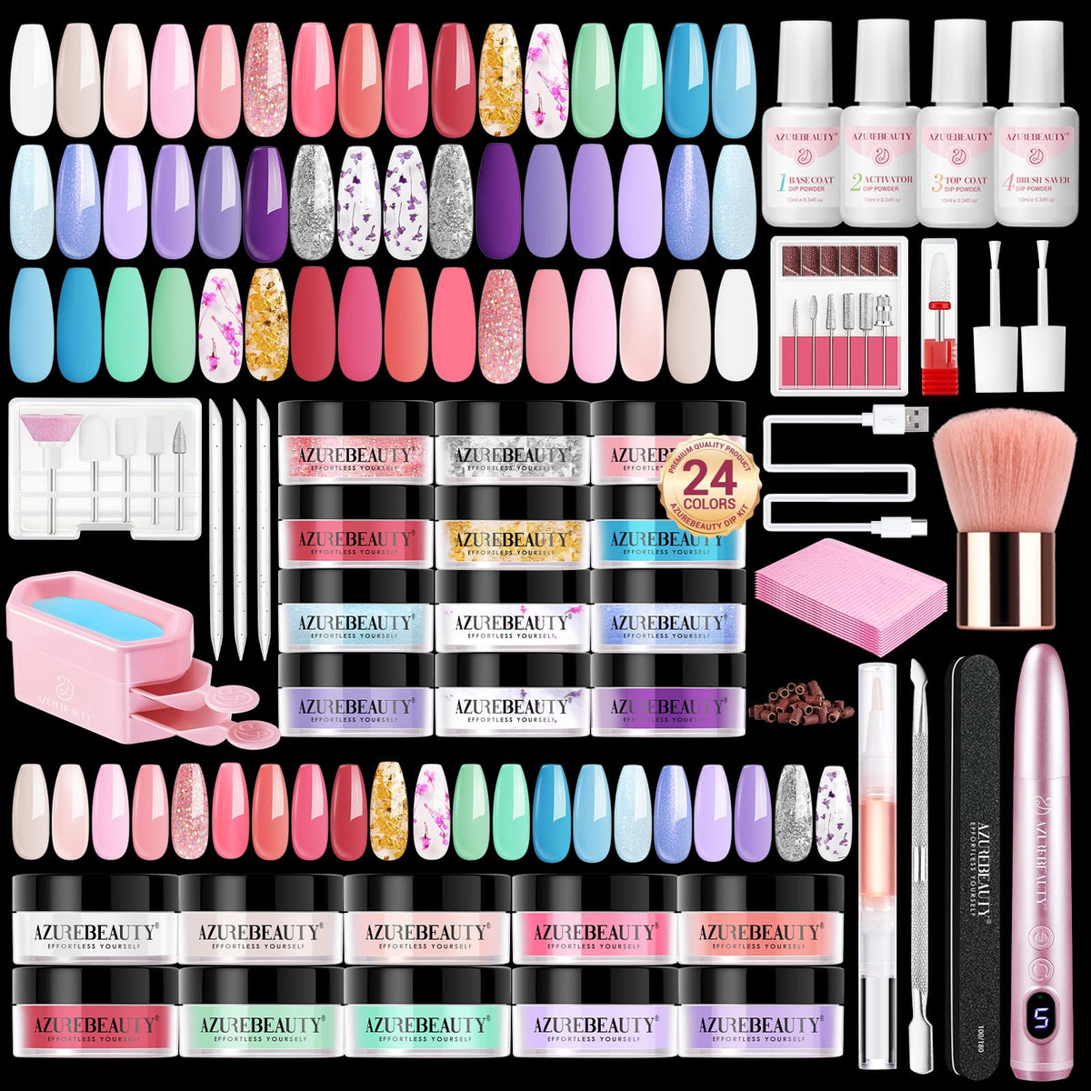 AZUREBEAUTY dip powder kit with 24 colors for salon-grade nails at home