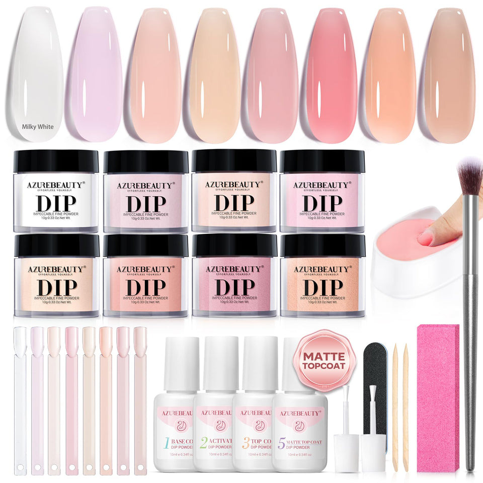 AzureBeauty dip powder kit with eight translucent colors for natural-looking nails.