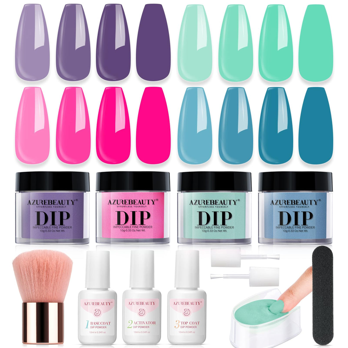 AZUREBEAUTY Dip Powder Kit contents organized for easy at-home nail art and beginners.