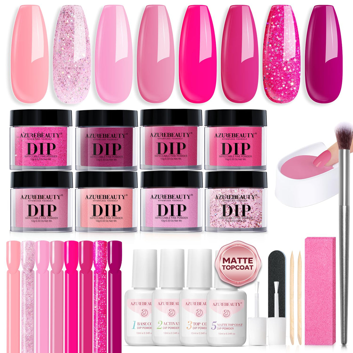 AzureBeauty dip powder kit front view with matte coat for versatile finishes.