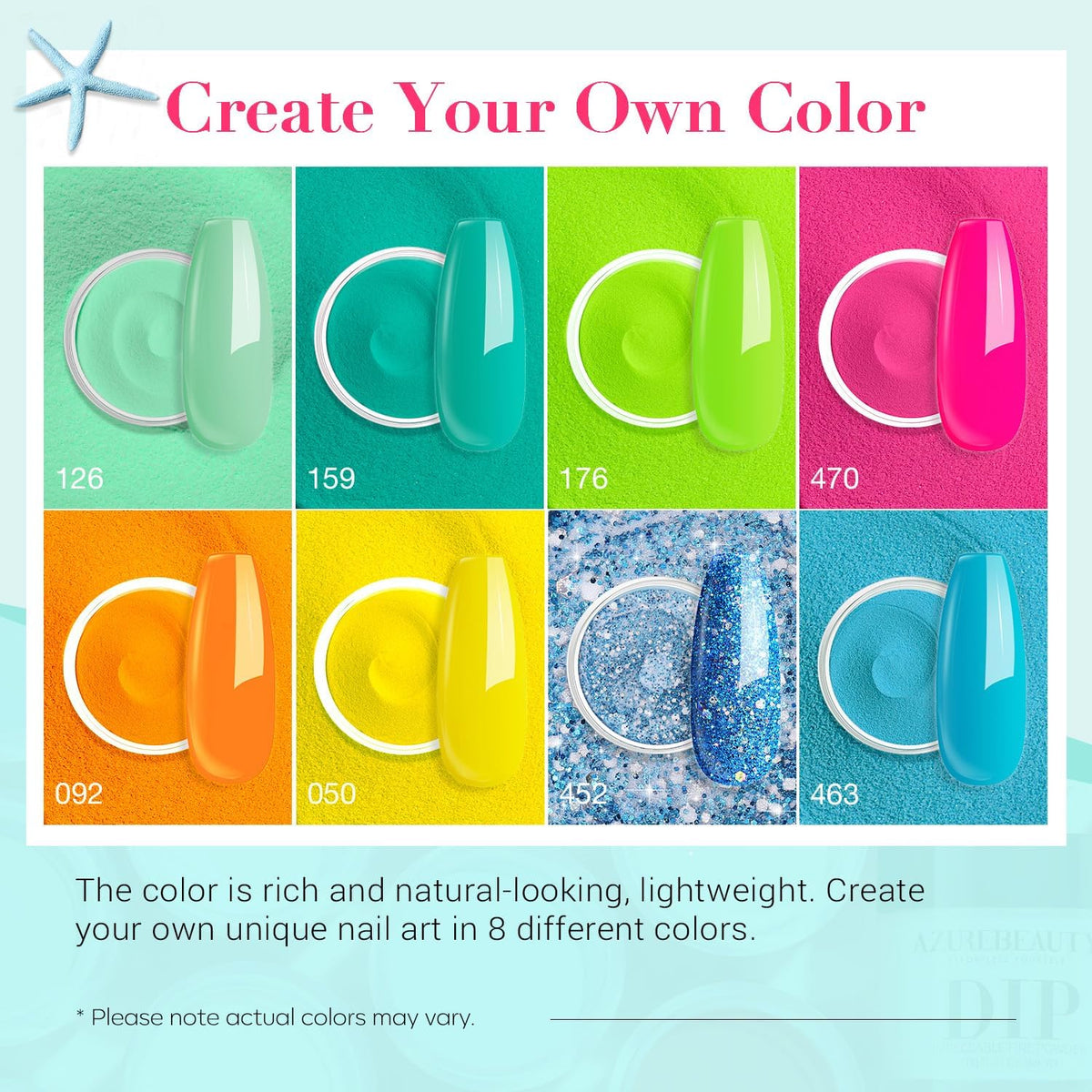 AZUREBEAUTY pastel and neon powders swatch showing vibrant color options.