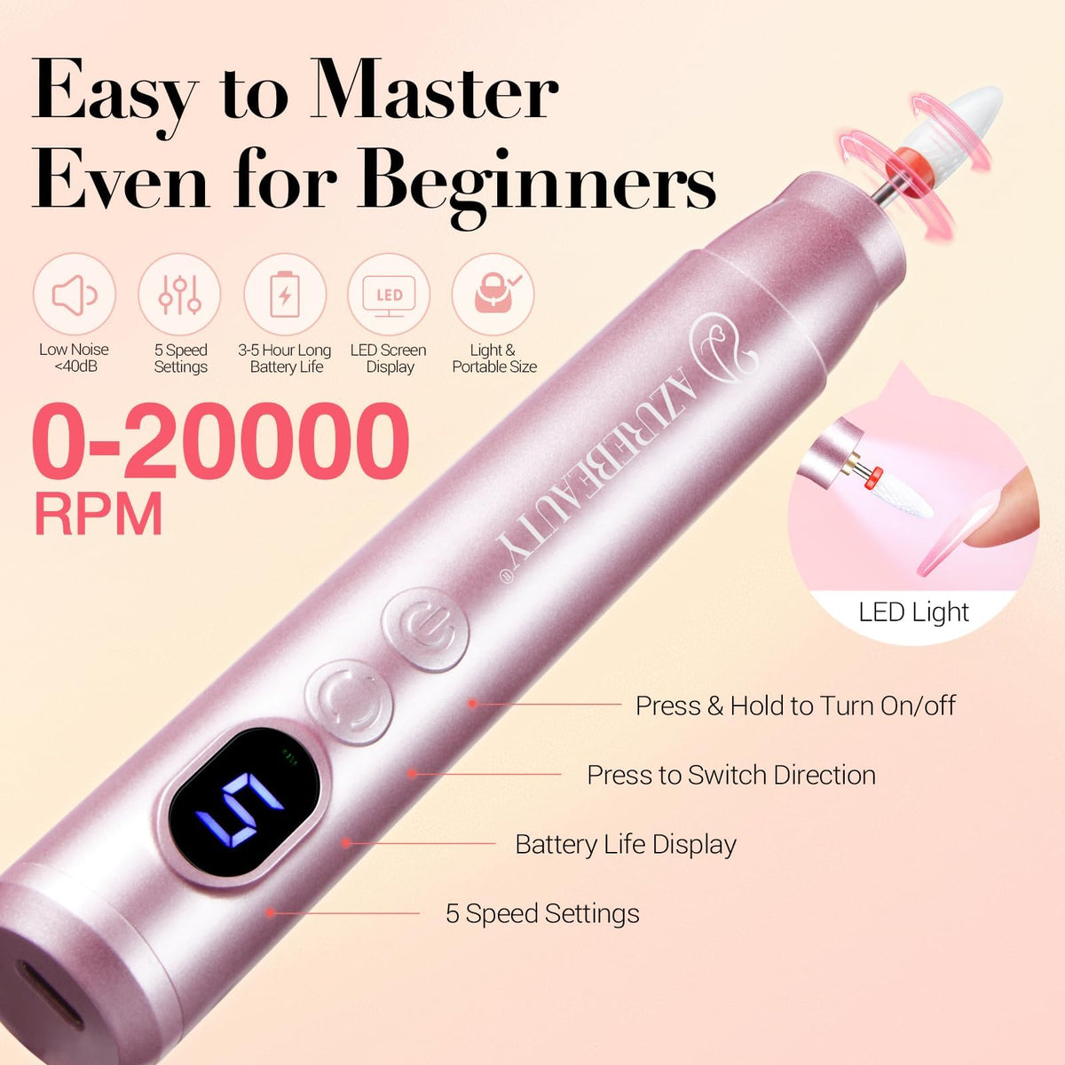 AzureBeauty portable electric nail drill for precise shaping