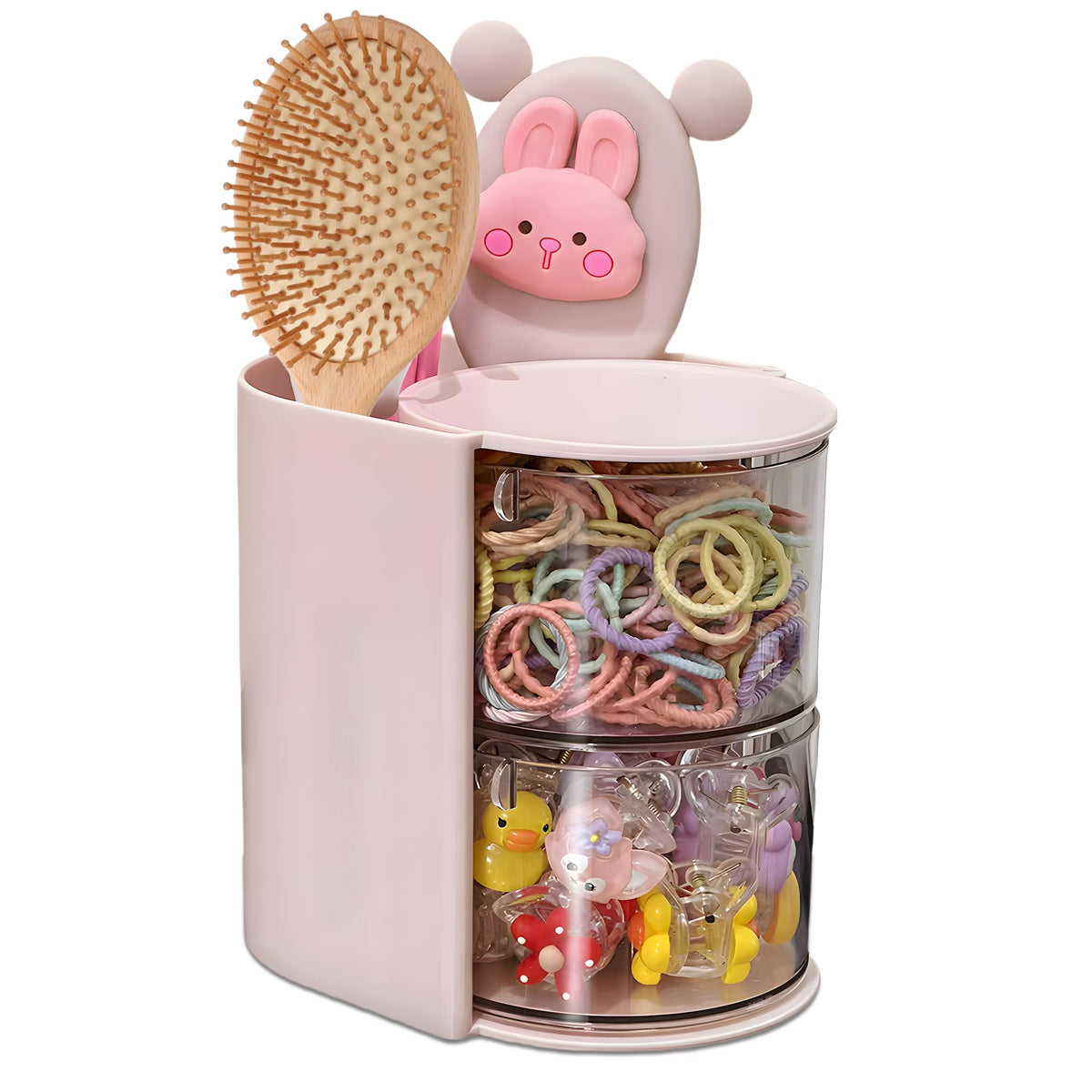 Azurphoric rotating hair accessory organizer keeps items within reach.