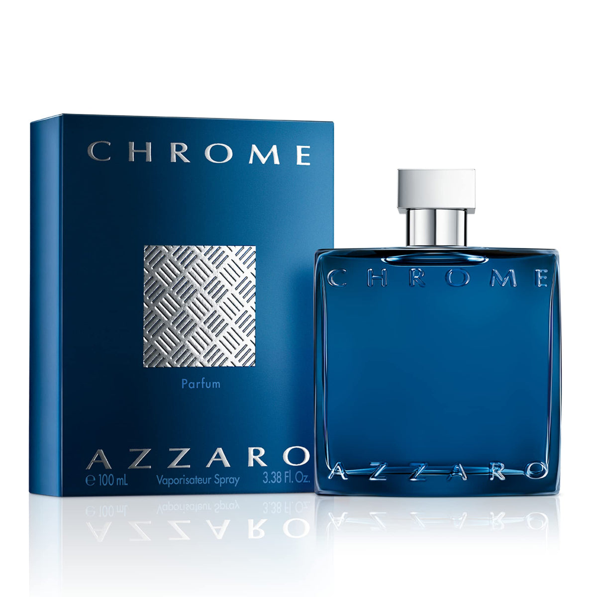 Azzaro Chrome Parfum bottle with blue lacquer for a bold masculine presence