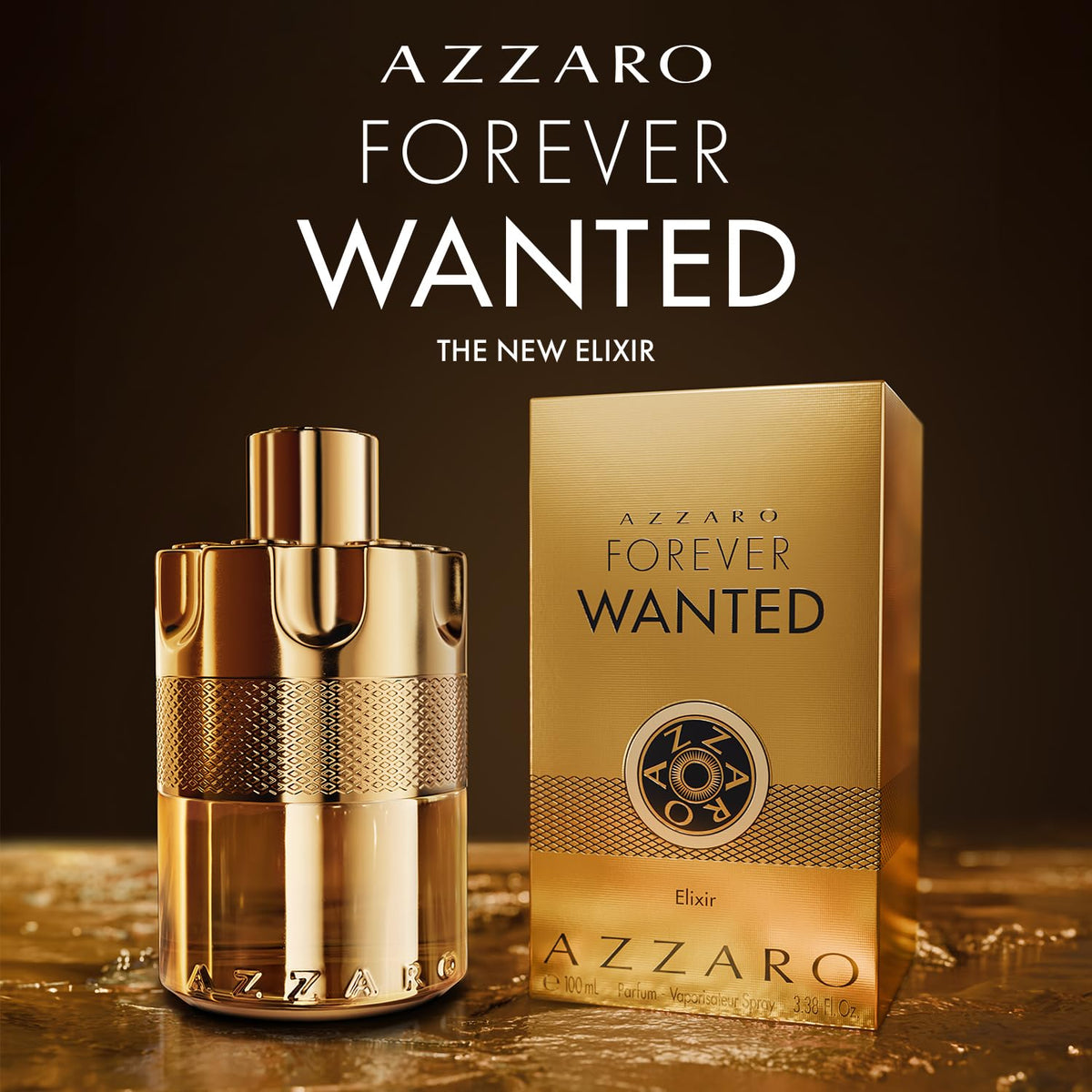 Azzaro Forever Wanted Elixir bottle on a matte surface emphasizing premium elegance