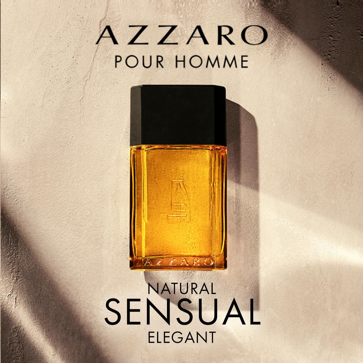 Azzaro Pour Homme bottle with engraved label, signaling luxury and timeless style.