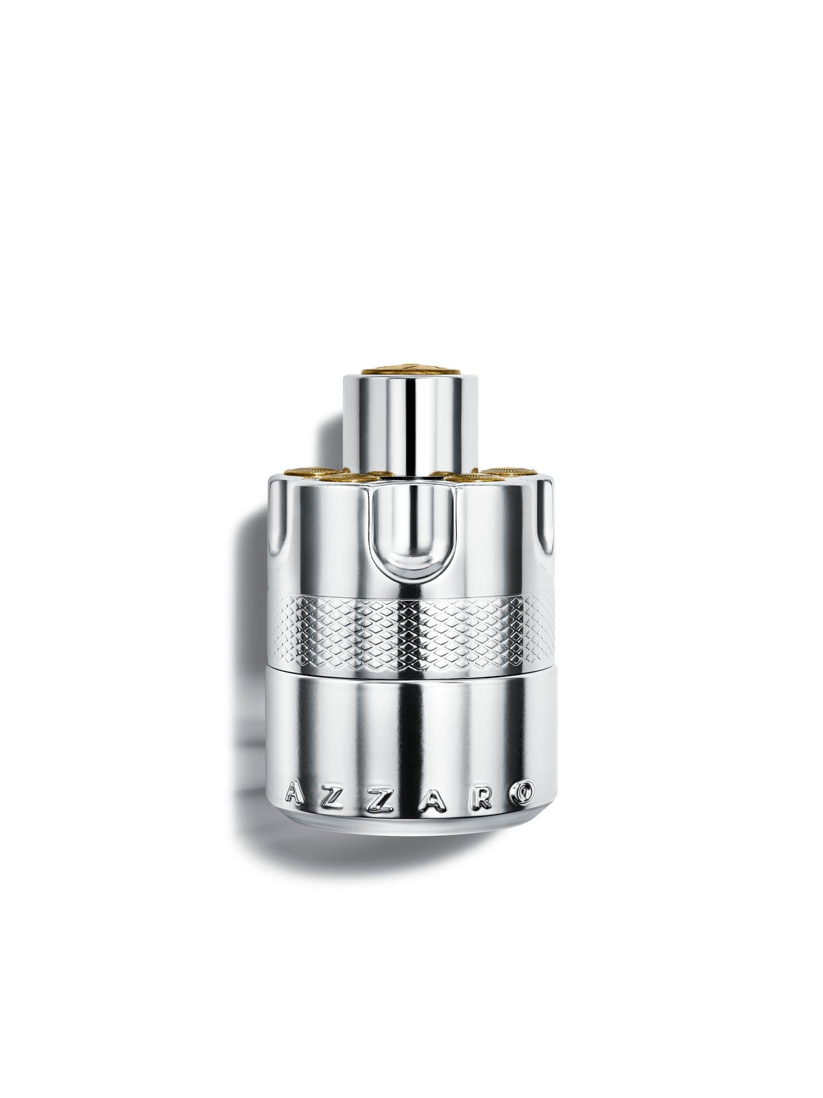 Azzaro Wanted bottle closeup showing the metal jacket and premium masculine styling.