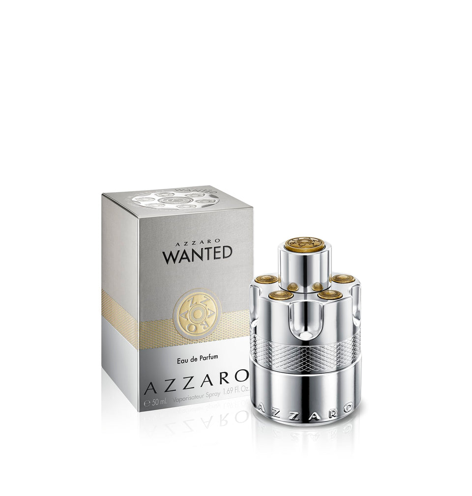 Azzaro Wanted bottle with silver finish and gold accents for bold evening luxury.