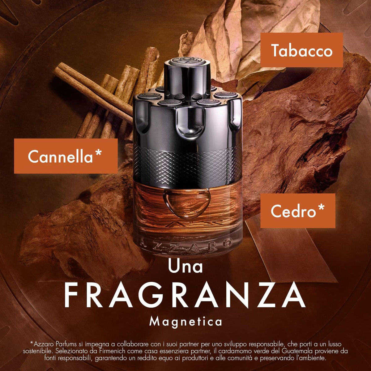 Azzaro Wanted by Night bottle angle, warm amber tones evoke evening sophistication.