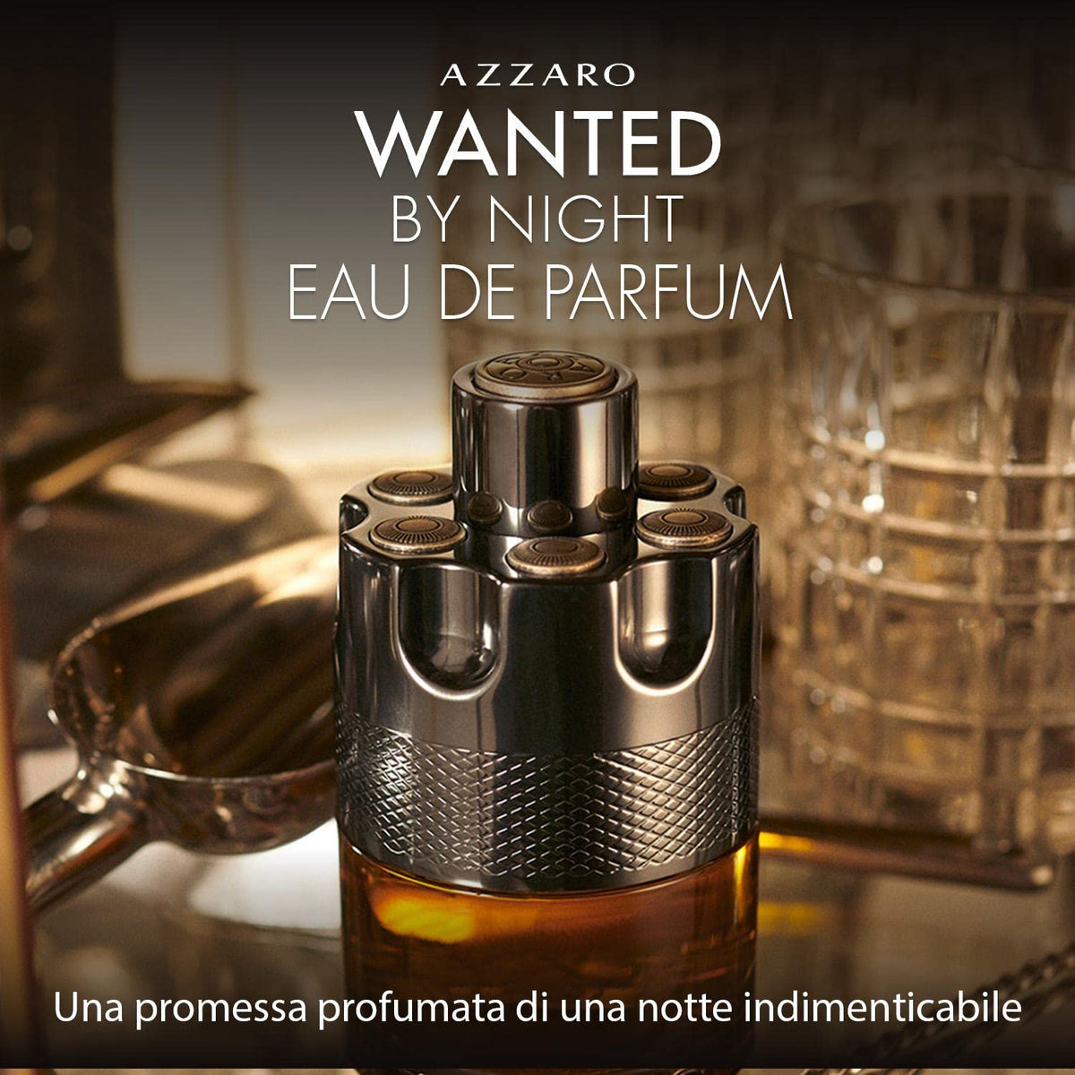 Azzaro Wanted by Night bottle close-up with cap, showcasing premium packaging for a luxury experience.