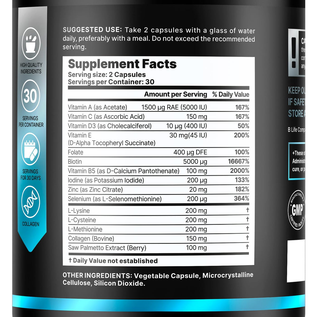 B Life Company hair growth capsules close-up showing zinc and biotin for follicles